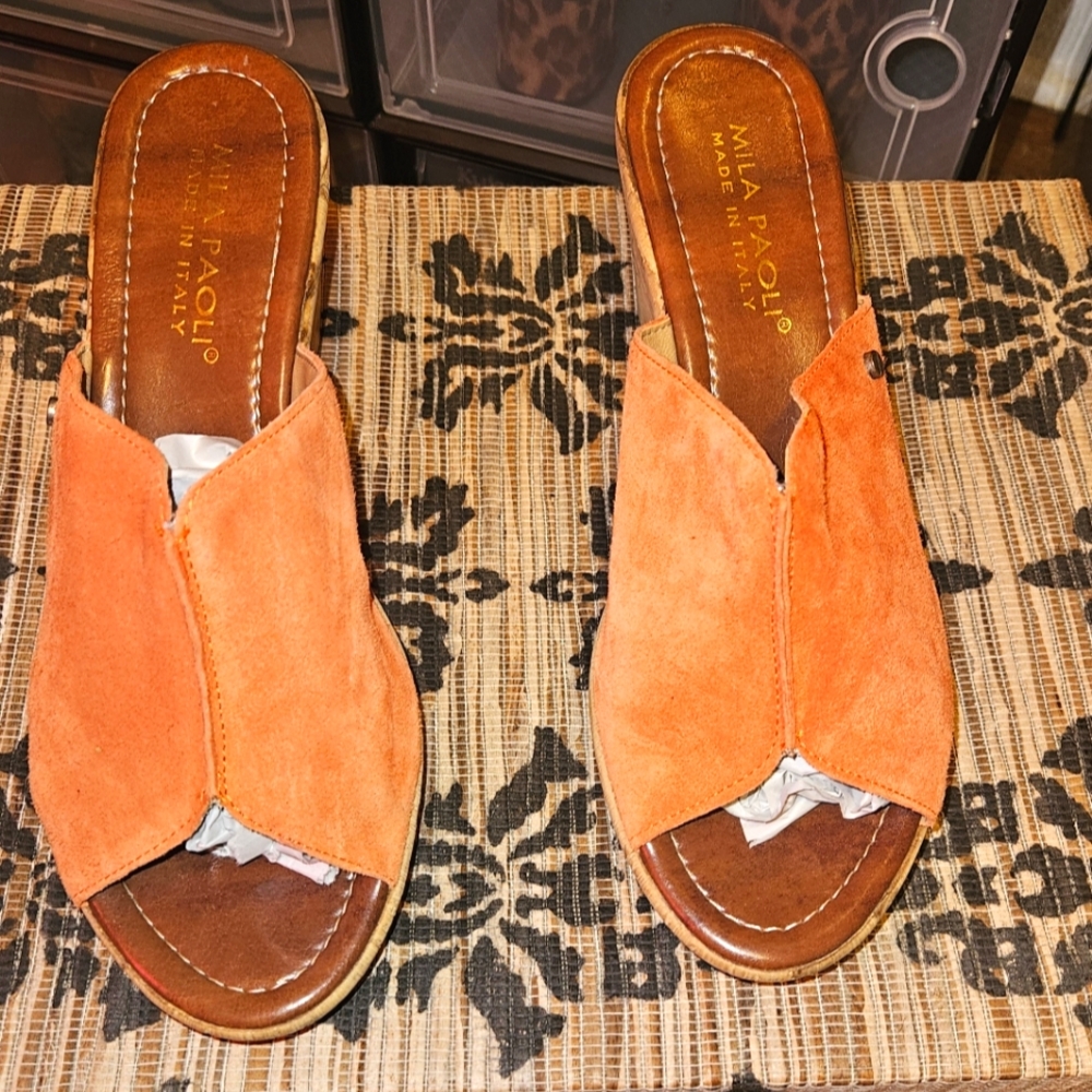 Orange Mila Paoli Suede Wedge Sandals